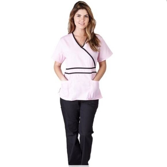 Natural Uniforms S Pink & Black Contrast Trim Scrub Top - Picture 6 of 7